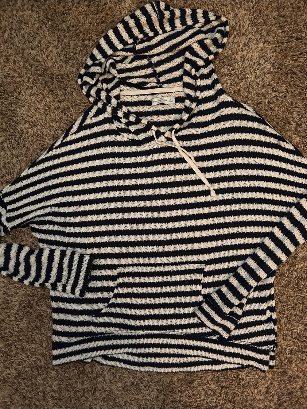 Abercrombie & Fitch Navy and White Striped Hooded Sweater
